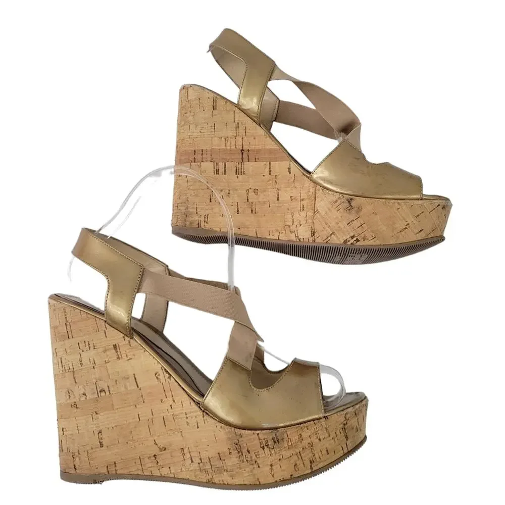 Fendi Neutrals Patent Leather Wedge Platform Sandals IT 38 (8 Women) Gold Tan
